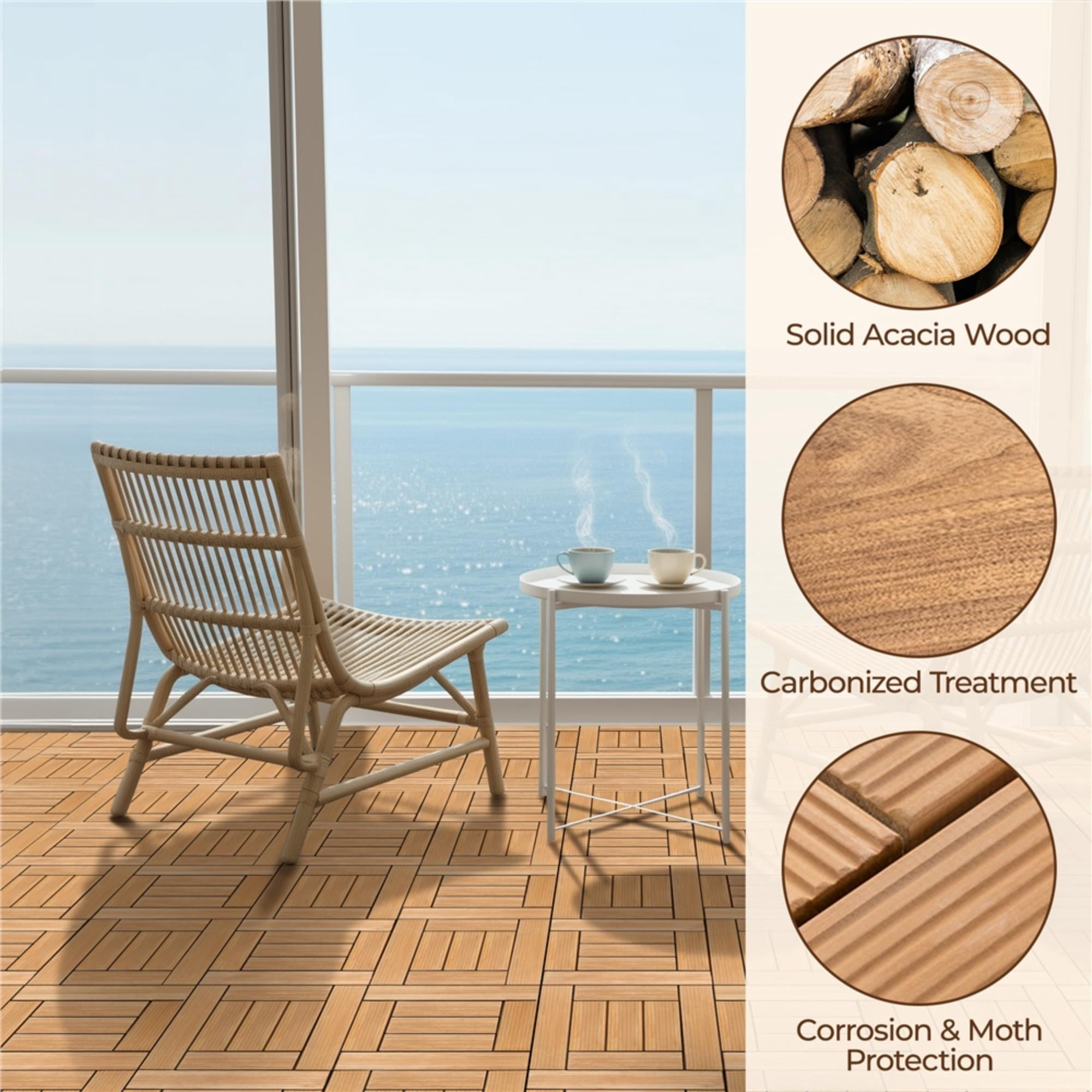 Renwick 27 Pieces Acacia Wood Interlocking Deck Tiles for Outdoor & Indoor, Natural Wood