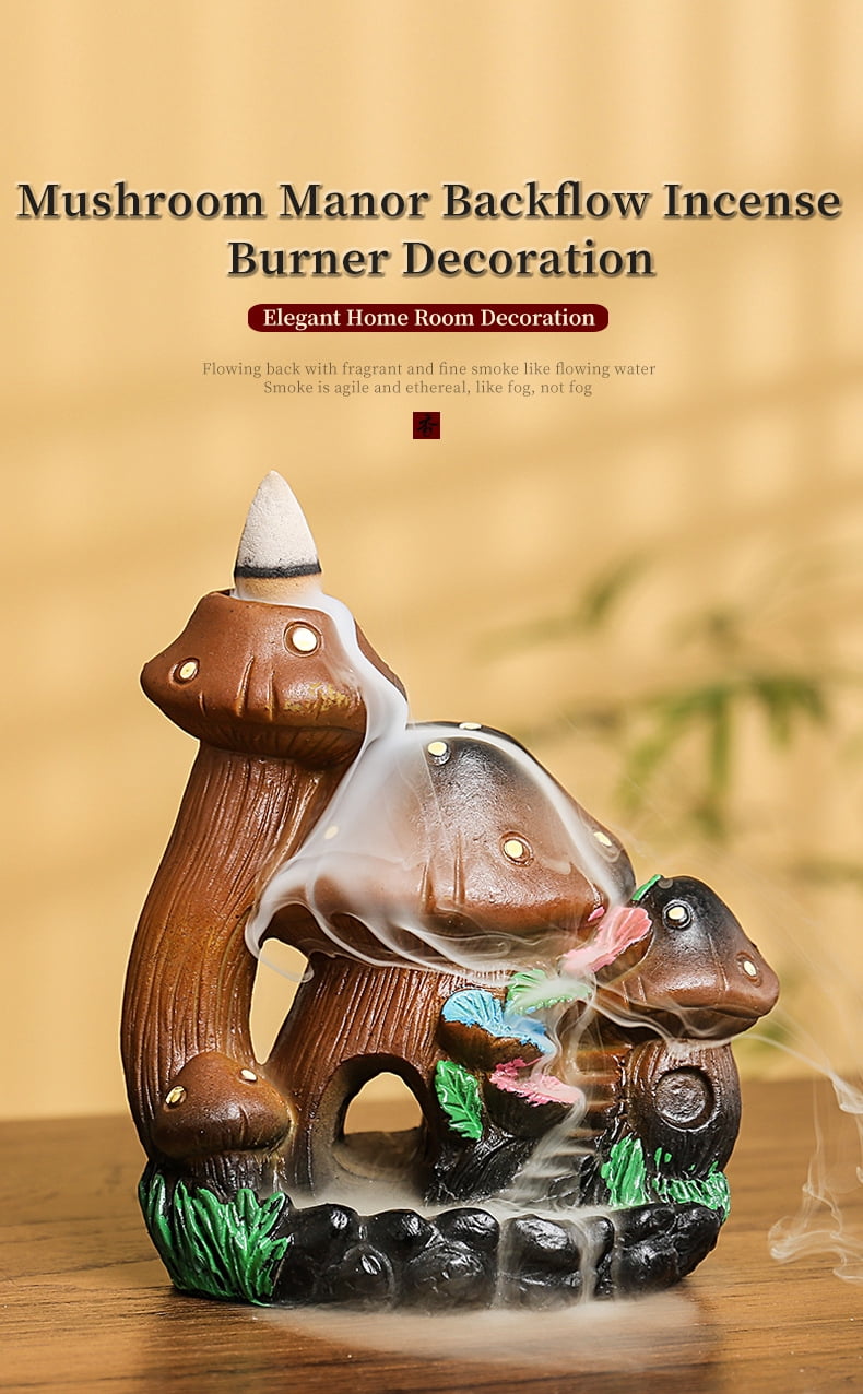 Mushroom House Backflow Censer Backflow Incense Burner Resin Mushroom House Incense Burner Mushroom Incense Holder Flowing Smoke Burner for Relax Desktop Ornament