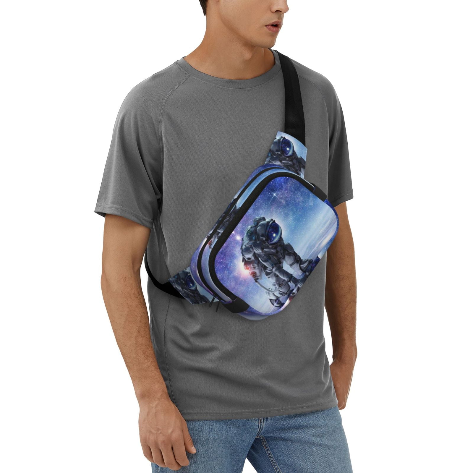 Picia Astronauts Start Running Print Square Double-Layer Waist Bag Mini Adjustable Waist Belt Bag Exercise Running Travel Hiking
