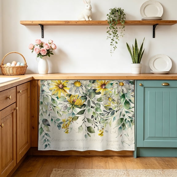 Flowers Eucalyptus Sink Skirt 11"Wx13"L,Dustproof Under Sink Curtain with Self Adhesive Tape,Vintage Botanical Floral Leaves Cabinet Curtain Cover for Bathroom Vanity,RV,Kitchen Cabinet Storage Shelf