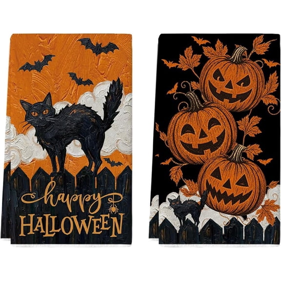 Black Cat Bats Halloween Kitchen Towels Set of 2 18x26 Inch | Pumpkin Leaves Hand & Dish Towels,Ultra Absorbent,Seasonal Farmhouse Decoration