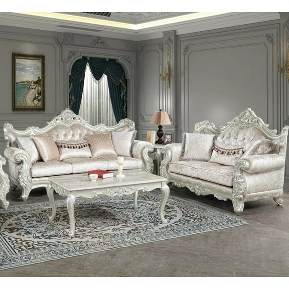 Luxurious 2Pc Traditional Sofa Set, Champagne Fabric Upholstered Living Room Sofa and Loveseat