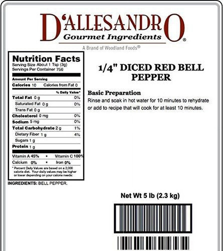 Diced 1/4" Red Bell Pepper, 5 Lb Bag
