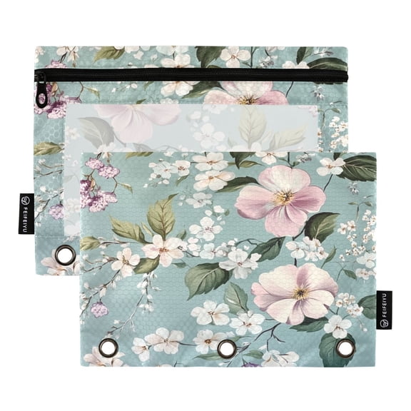 2 Pack Pencil Bag 9.84x6.1 Inch 3-Ring Page Turning Folder Zipper Pencil Case Pencil Bag Page Turning File Bag Colorful Flower