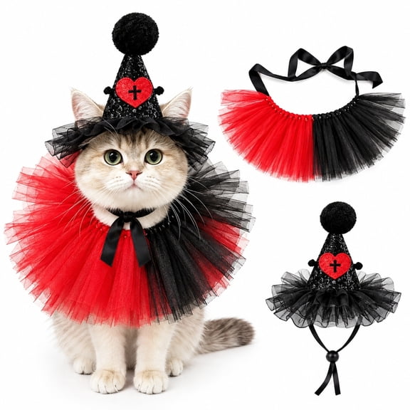Joyesplay 2Pcs Gothic Halloween Pet Clown Costume Set Black Red Skirt Headband Cat Costumes Pet Clown Costumes