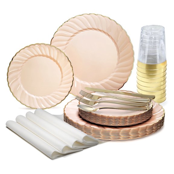 " OCCASIONS " 640pcs set (80 Guests)-Vintage Wedding Party Disposable Plastic Plates -80 x 10.25''   80 x 7.5'' Silverware Gold rim Cups Napkins (Blossom Blush & Gold)