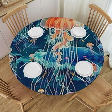 BANET Jellyfish Pattern print Round Tablecloth WashableTable Cloth Decorative Table Cover for Dining Table Camping 31 -35