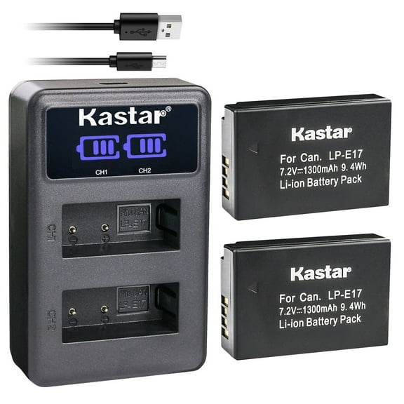 Kastar 2-Pack LP-E17 Battery and LED2 USB Charger Compatible with Canon LP-E17 LPE17, LP-E17H LPE17H, LP-E17HF LPE17HF, 9967B02 Battery, Canon BG-E18, BG-E18 IR Battery Grip