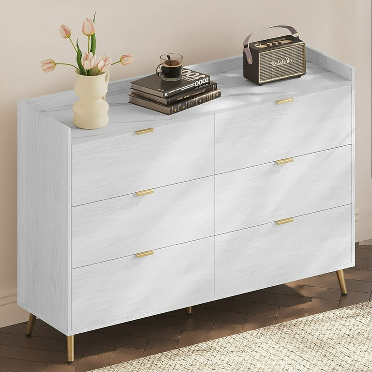 Spaco Drawer Dresser with Metal Legs, White MDF, 6 Storage Compartments for  Everyday Needs