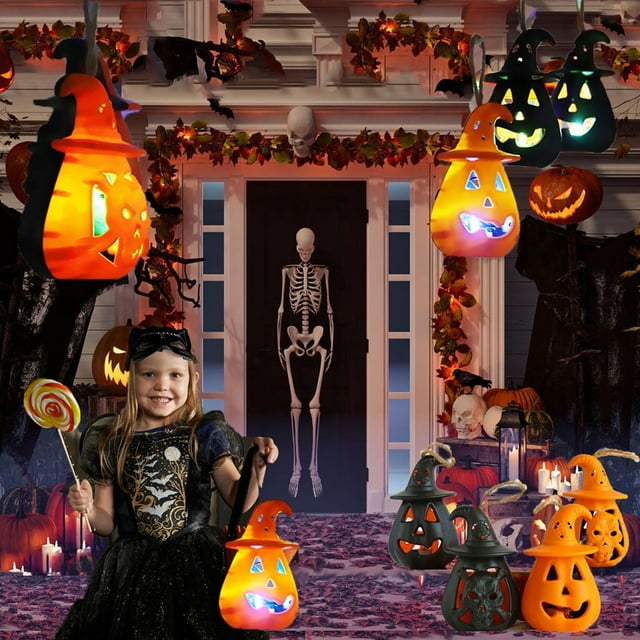 Xihbxyly Linterna de Calabaza de Halloween, Minilámpara a Pilas, Diseño Hueco Exquisito, Decoración de Fiesta Espeluznante, Decoración de Patio Al Aire Libre, Truco o Trato, 8 X 12 Cm, Juego de 2