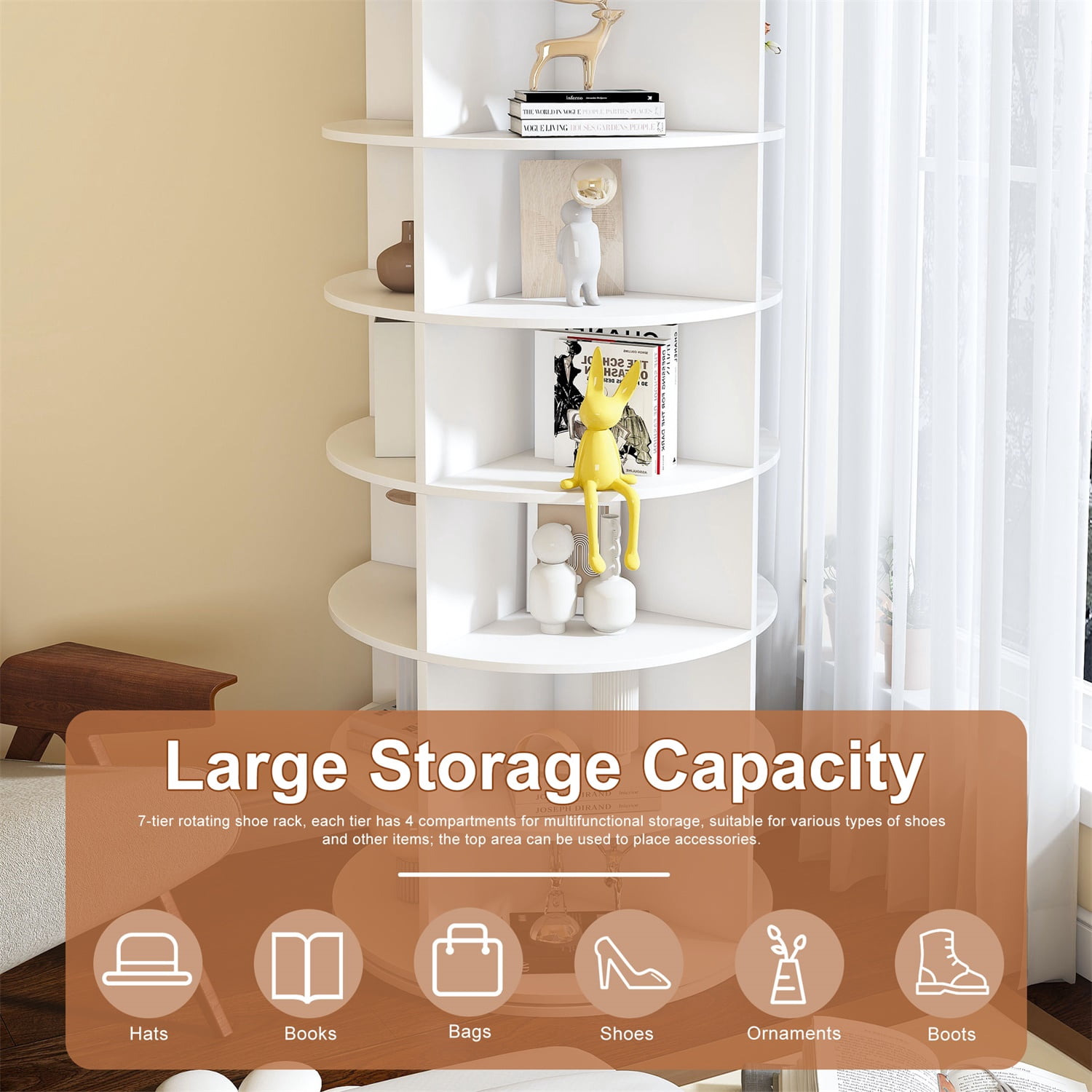 Hommoo 7-Tier Rotating Shoe Rack Tower, 360° Spinning Shoe Organizer, Space-Saving 28-Pair Storage for Closets & Entryways, White