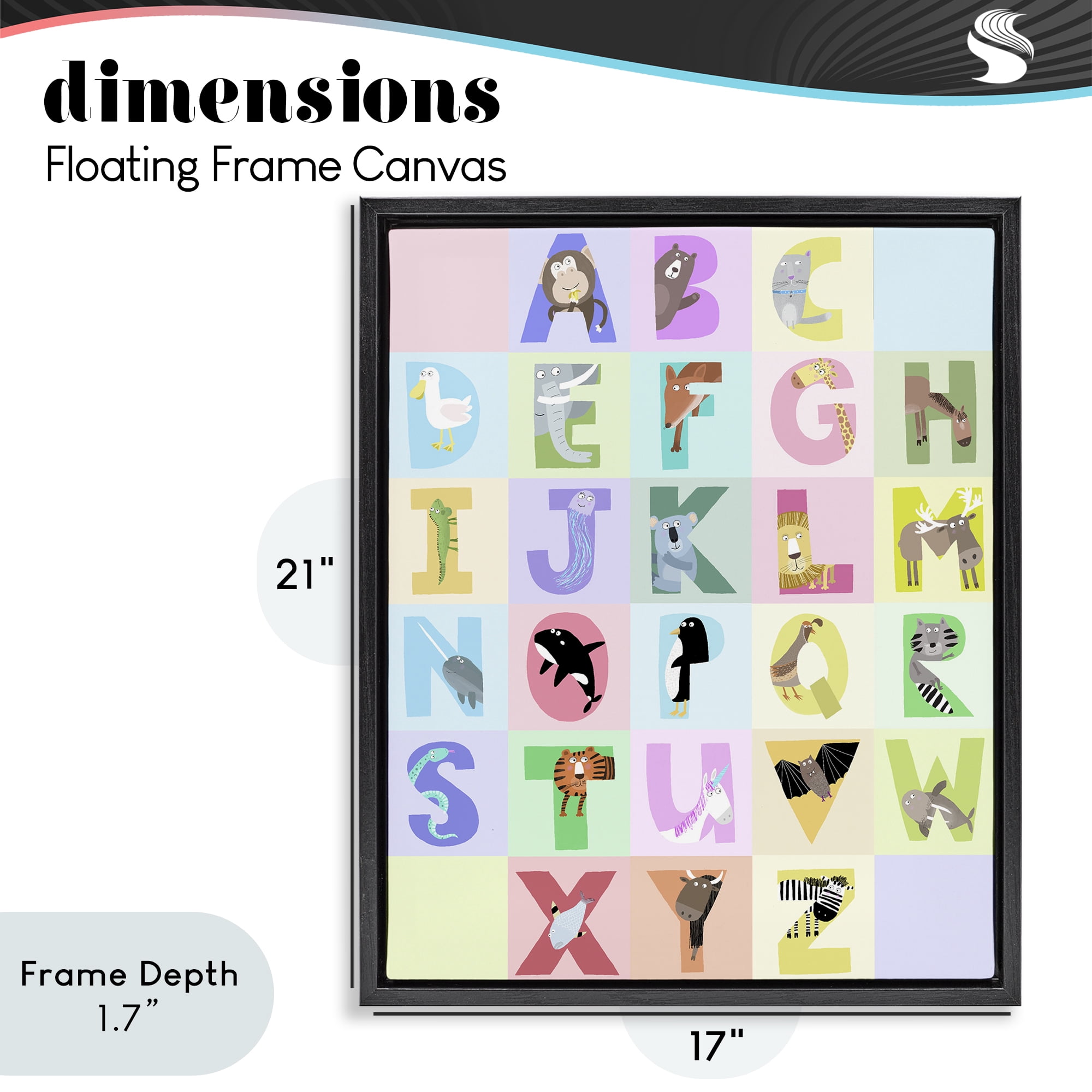 Stupell Industries Animal Alphabet in Pastels Black Framed Floater Canvas Wall Art, design by Carla Daly