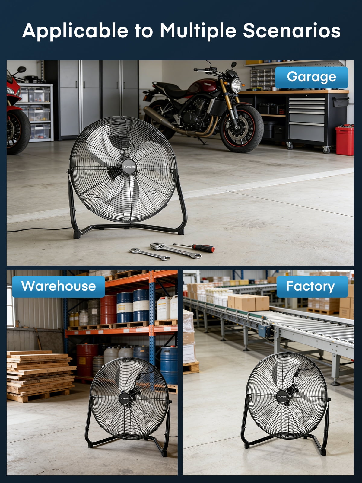 FOHERE 20" High Velocity Floor Fan, Heavy Duty Metal Cooling Fans with 3 Speeds, 360° Tilt Head, Etl Safety Listed, for Industrial, Commercial Space, Garage, Gym, Warehouse, Shop