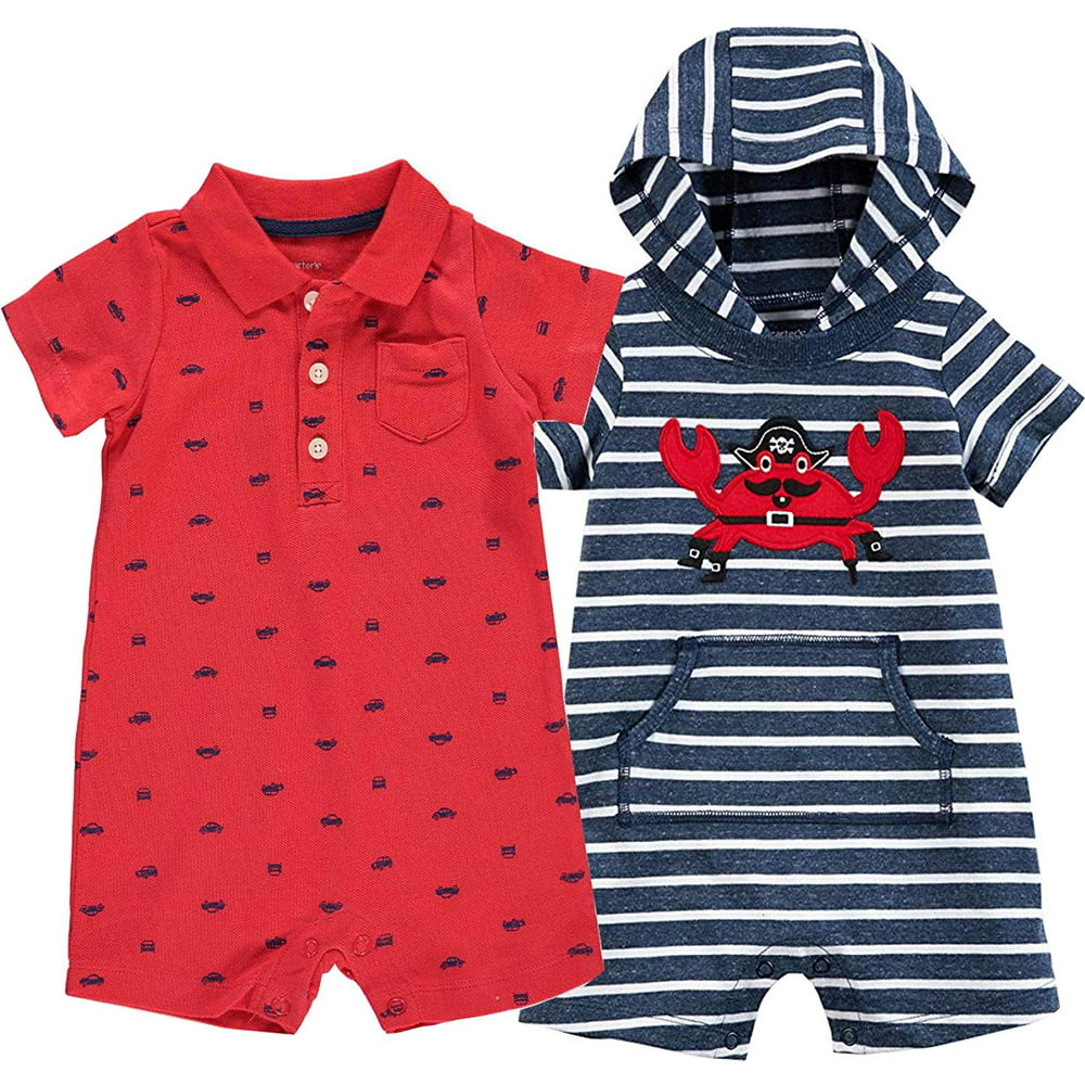 Carter's Baby Boys' One Piece Rompers, Navy Crab/Red, 12 Months, Pack of 2