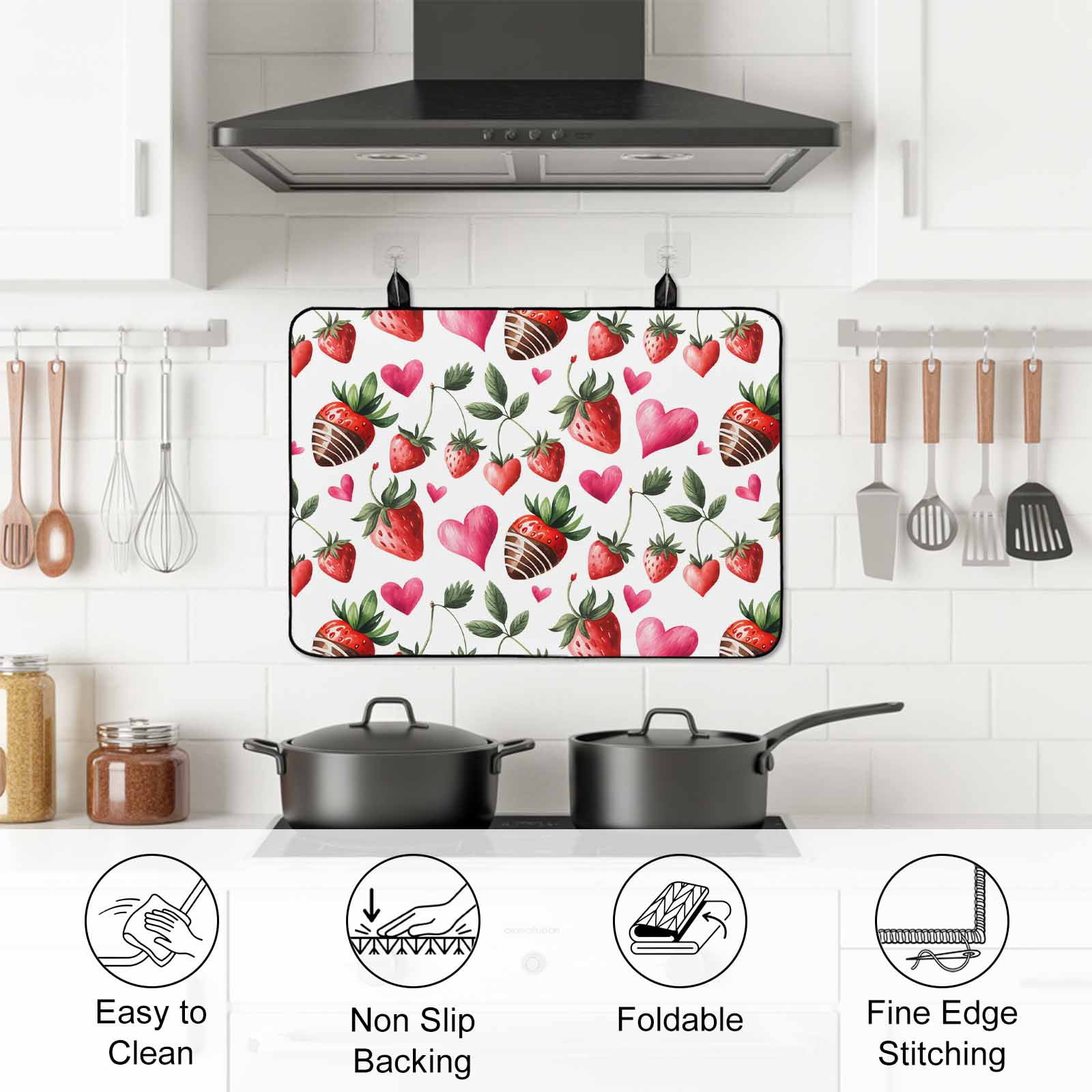 Red Strawberry Stove Top Cover for Electric Stove, Heat-proof & Non Slip Glass Top Stove Cover Protector, Flowers Pink Love Valentine's Day Kitchen Flat Cooktop Rubber Mat 24x21 Inches