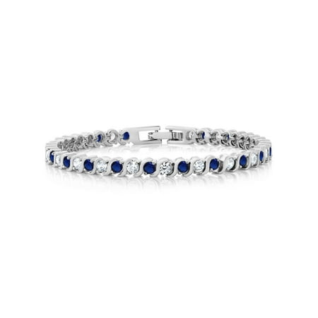 Baguette Blue Sapphire Bracelet - Stunning Round White Cubic Zirconia and Simulated Blue Sapphire Tennis Bracelet