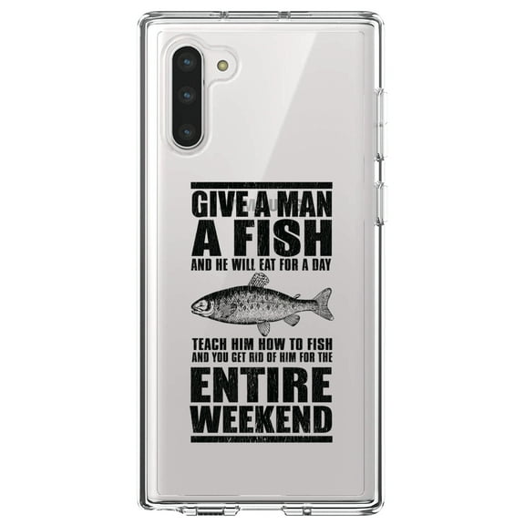 DistinctInk Clear Shockproof Hybrid Case for Samsung Galaxy Note 10 (6.3" Screen) - TPU Bumper Acrylic Back Tempered Glass Screen Protector - Teach Man to Fish, Get Rid of Him for Weekend