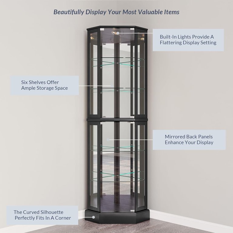 72 Inch White Lighted Corner Curio Cabinet - Tempered Glass Doors, 4 Adjustable Shelves, Built-in Light & Mirrored Back For Display & Liquor Storage