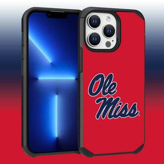Apple iPhone 13 Pro Max (6.7) / 12 Pro Max (6.7) - Licensed NCAA University of Mississippi Ole Miss Rebels Logo on Blue Textured Dual Layer Case