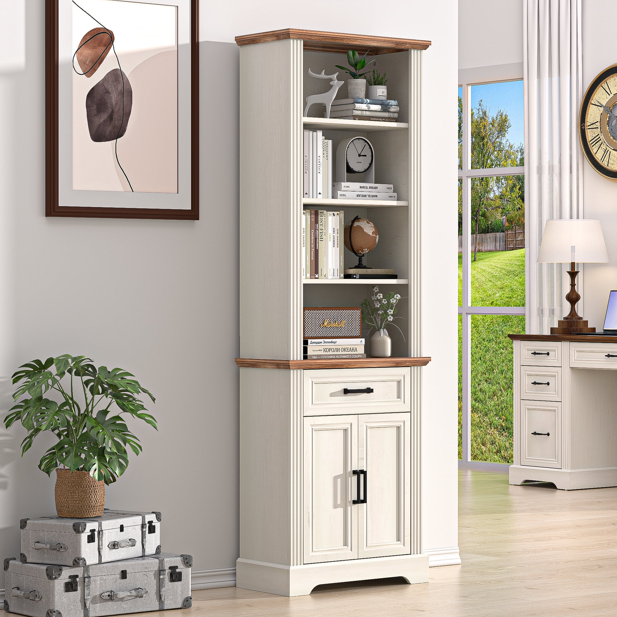 HARIPUL 72" Tall Bookcase Floor Standing with Drawer and Door, 6 Tier Wooden Storage Bookshelf for Living Room Home Office, Antique White