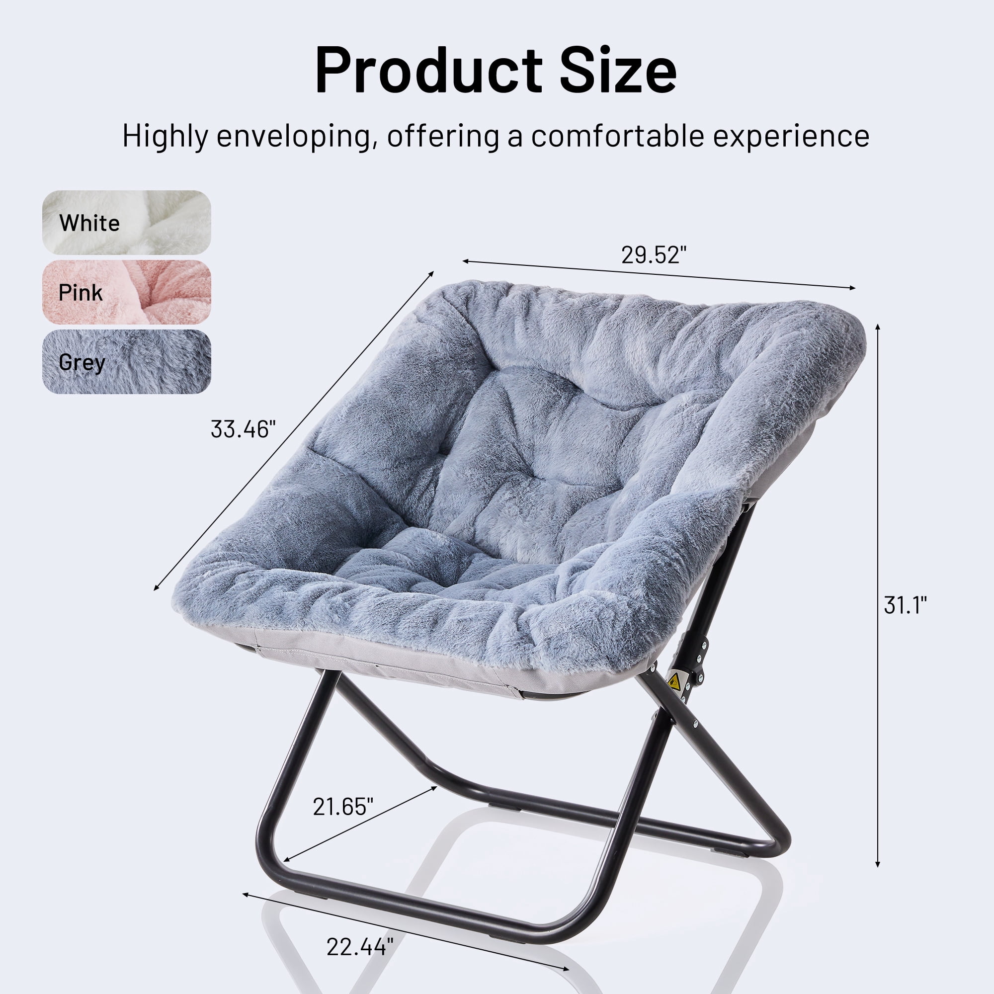 Oversized Square Moon Chair for Adults, Soft Faux Fur Folding Lounge Chair with Sturdy Steel Frame, Comfortable Reading Gaming Chair for Living Room, Bedroom, Grey