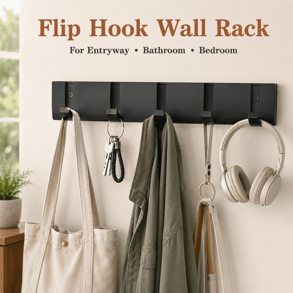 MORAVE Black Folding Wall Mounted Coat Rack, 5 Retractable Stainless Steel Hooks, Heavy Duty Hanger for Clothes Bathrobe Towel, Entryway & Bathroom