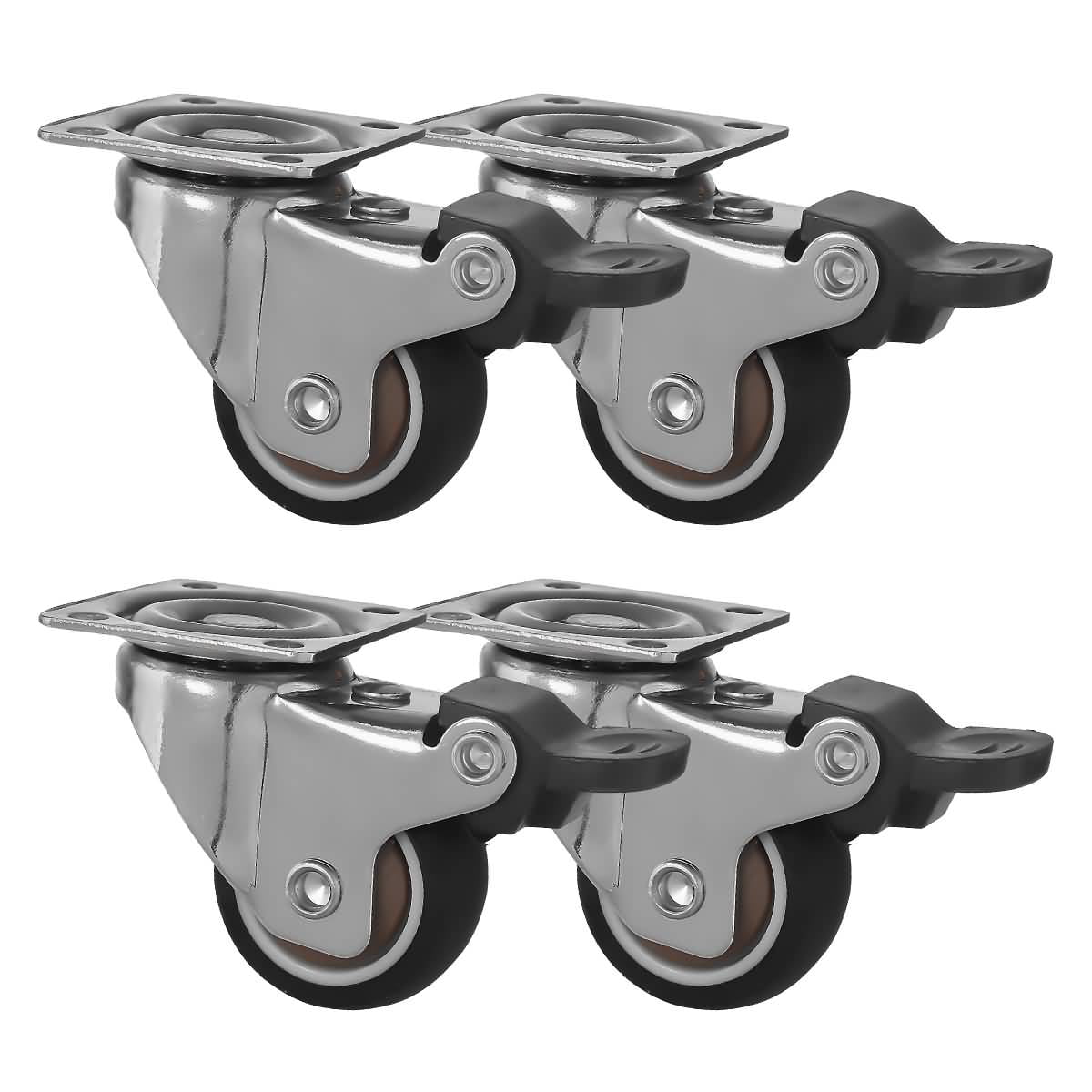 4 Pack 1.5" Low Profile Swivel Plate With Brake Brown Rubber Caster Wheels 