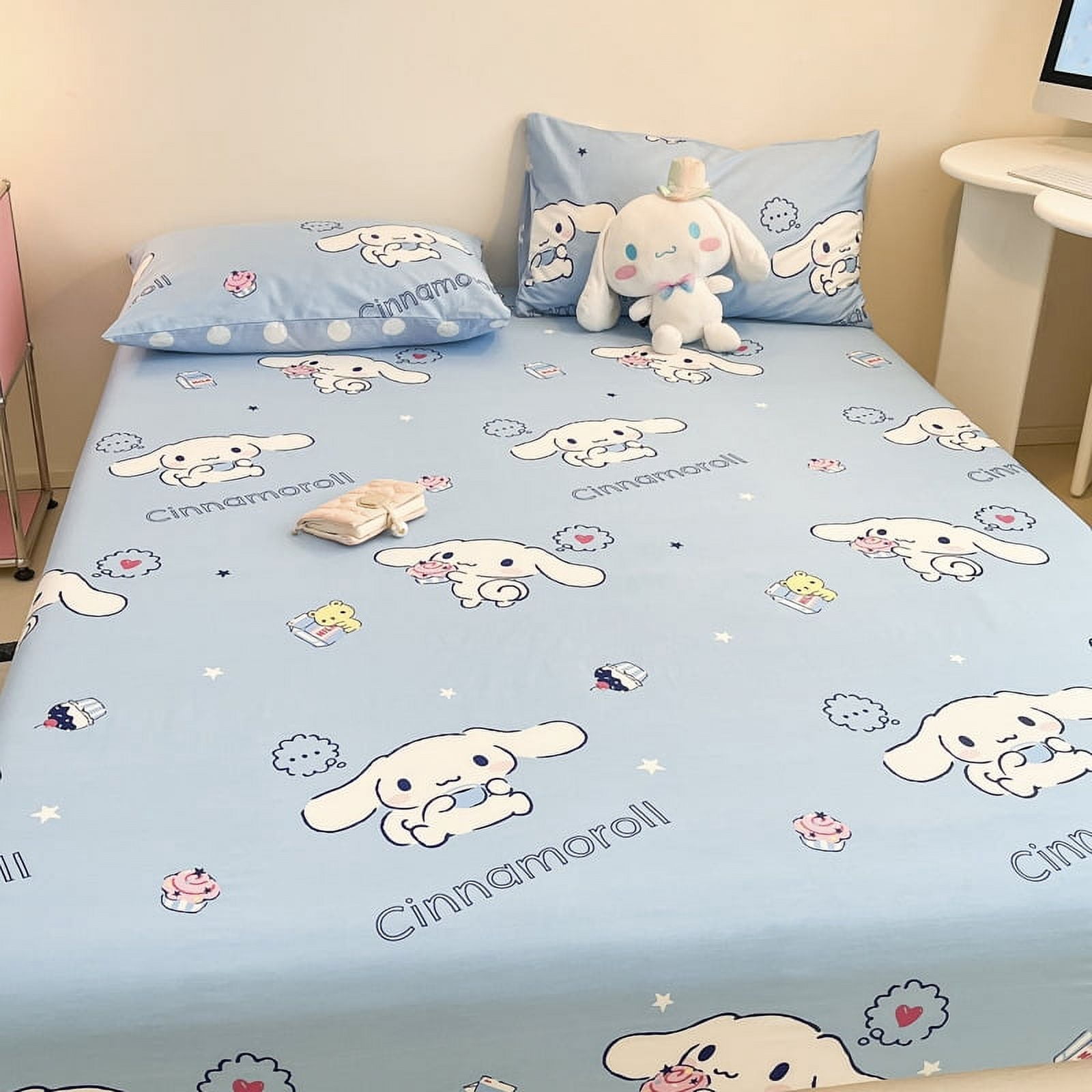 Sanrio Pure Cotton Fitted Sheet Three-piece Set Hellokitty My Melody Cotton Bedspread Cute Kuromi Full Surround Protective Cover