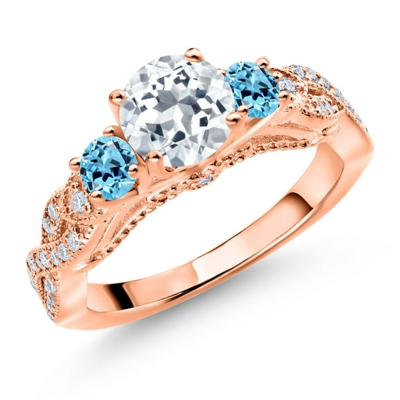 Gem Stone King 18K Rose Gold Plated Silver White Topaz Swiss Blue Topaz and White Moissanite Engagement Ring for Women (1.47 Cttw, Gemstone November Birthstone, Round 6MM and 3MM, Size 9)