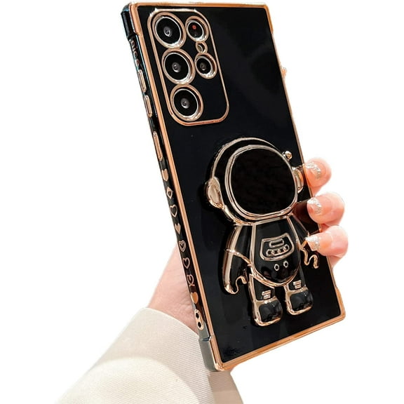 Compatible with Samsung Galaxy S23 Ultra 5g Luxury Plating Cartoon Astronaut Stand Holder Phone Case with Cute Heart Side Small Pattern Soft Silicone Shockproof Kickstand Bumper (Black)