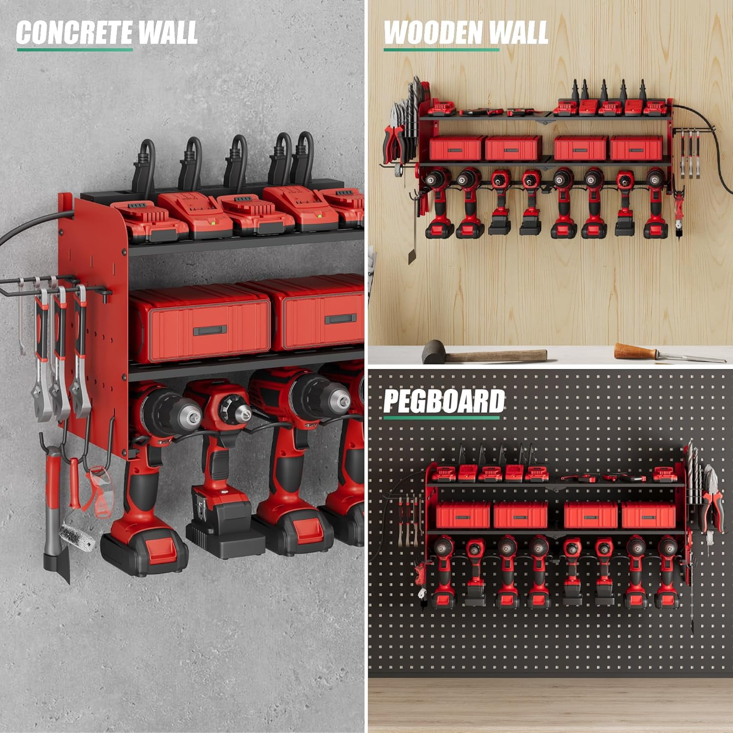 Suchtale Power Tool Organizer with Charging Station,33.2''Garage 8 Drill Holders Wall Mount,3 Layers Heavy Duty Metal Tool Shelf with 8 Outlets Power Strip, Gift for Men, Father, Red