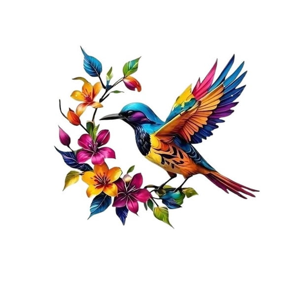 Hummingbird Bloom Metal Wall Art Handcrafted Sculpture, Colorful Bird with Floral Accents Hanging Decoration for Patio Garden Yard Door Living Room Bedroom Arts Decor(RL)