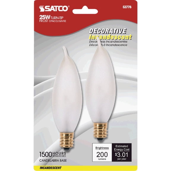 Satco Products S3778 120-Volt 25CA8 Candelabra Base Turn Tip Frosted Light Bulb