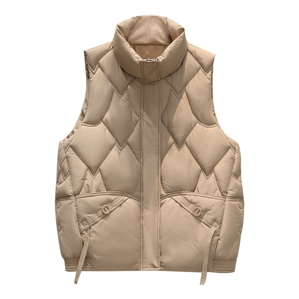 Gibobby Chalecos de mujer de vestir, chaleco acolchado para mujer, cuello de pie, ligero, con cierre profundo(Caqui,G)