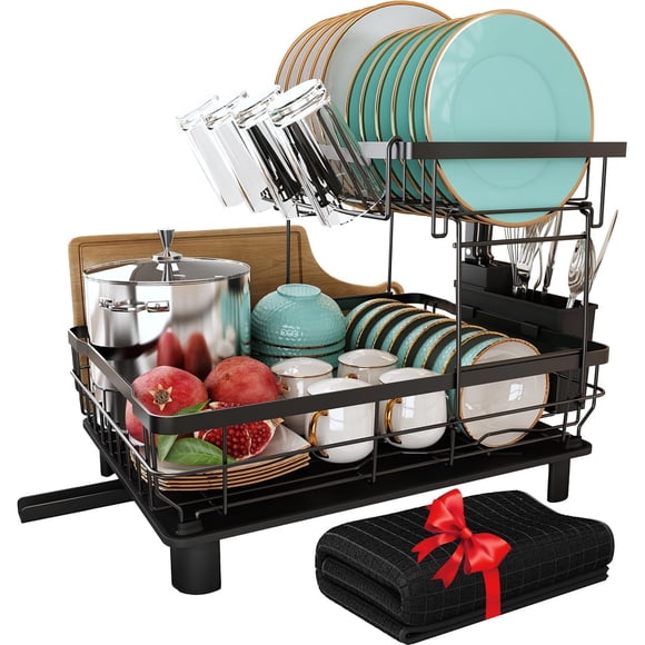 Escurridor de Trastes Acero Inoxidable de 2 Niveles para Encimera de Cocina con Drenaje, Escurridor de Platos con Soporte para Tazas, Utensilios, Tabla de Cortar y Alfombrilla de Secado