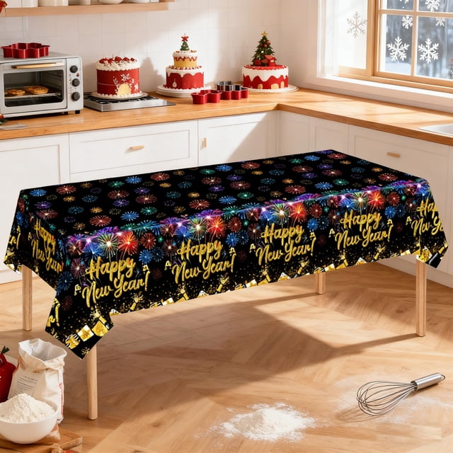Weloille Happy Recent Year Tablecloth 1 Pack, Waterproof Stain Resistant Wrinkle Free Dining Table Cover, Reusable Festive Decor for Recent Year Party Dinner Home Restaurant