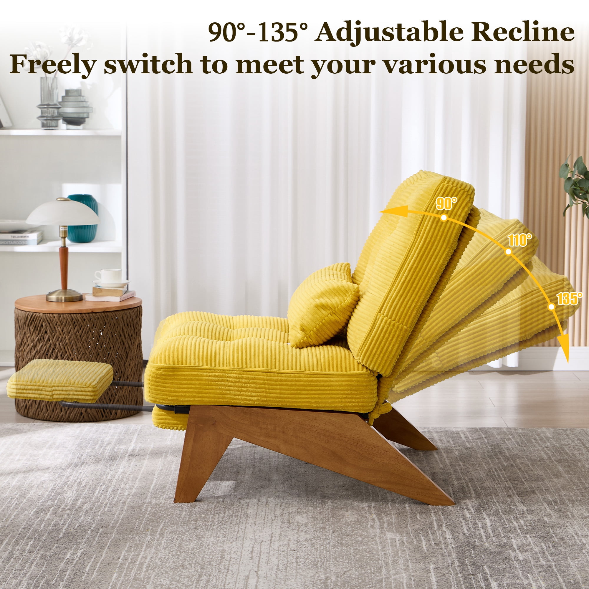 MOONMISS Modern Adjustable Lounge Chair with Footrest,Wooden Base Upholstered Recliner for Reading Rest Corduroy