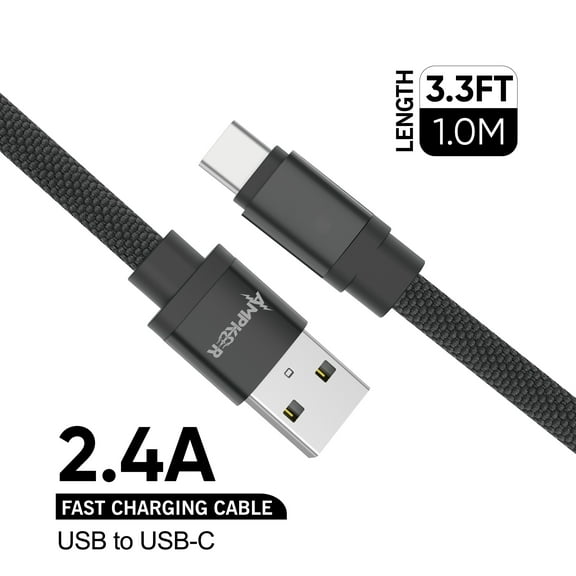 USB to USB C, Charger Cable Data Cord 2.4A Fast Charging (1M / 3.3FT) High Quality Braided USB Type C ,Xpm Universal Cable [ Black ]
