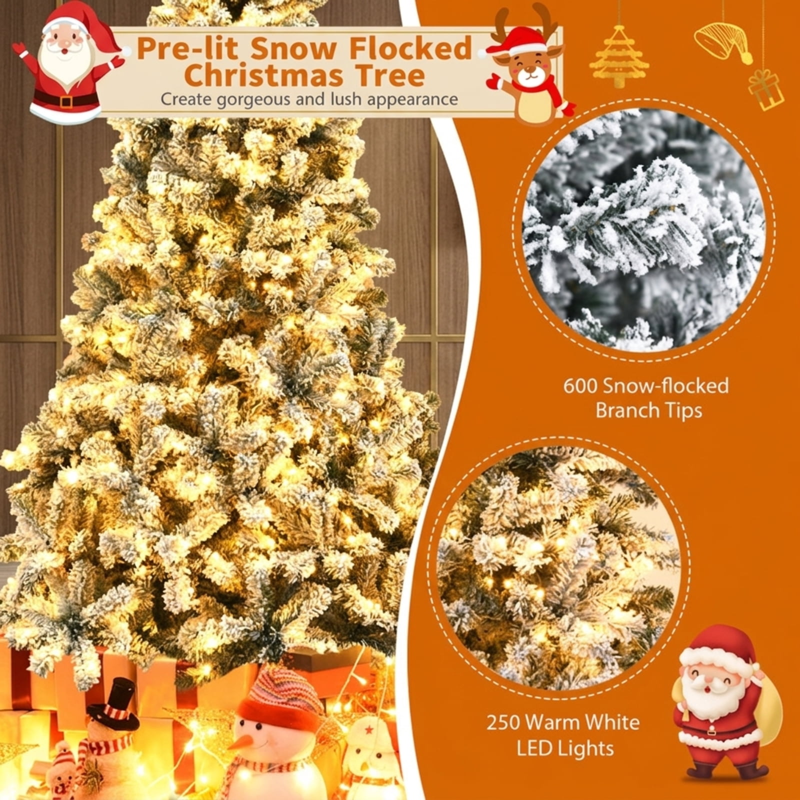 RUIE, 6 ft, Artificial Christmas Tree, with 250 LED Lights, 600 Branch Tips, Snow Flocked Holiday Xmas Tree for Indoor Home Office Decoration