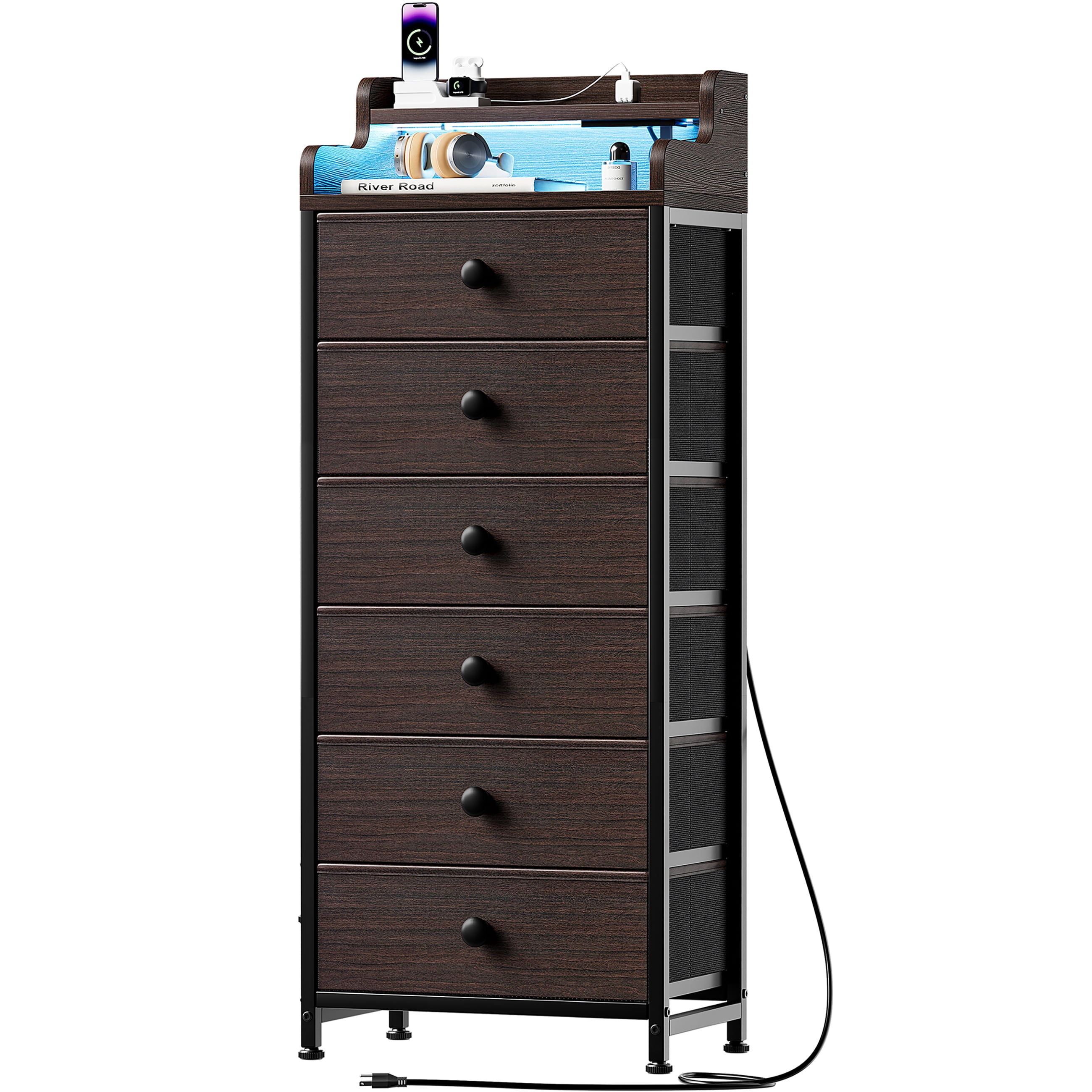 GUNAITO Led Dresser for Bedroom 6 Drawers Tall Fabric Closet Chests of Drawers,Brown