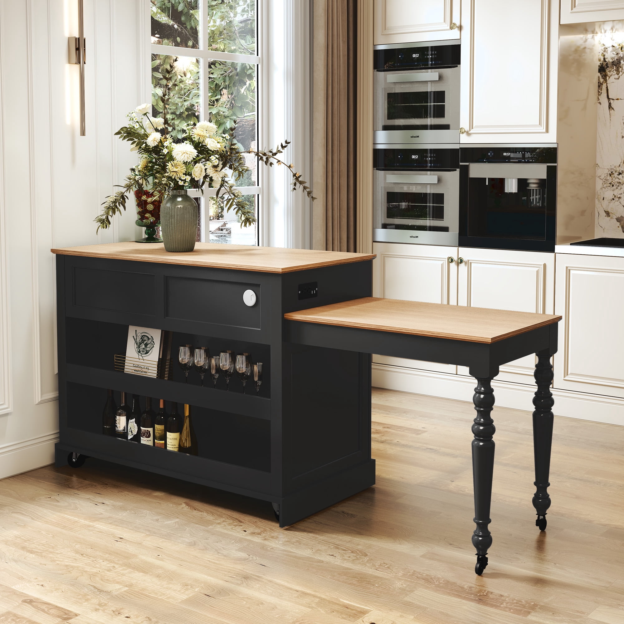 HLR 86.61" Mid-Century Extendable Kitchen Islands on Wheels with Roman column legs, Dining Table Cart with Storage, Black