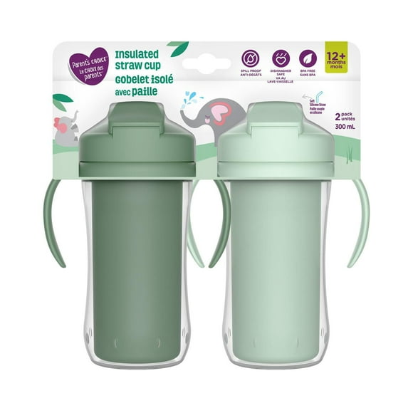 Parent's Choice Insulated Sippy Cup with Straw and Handles, 2x300ml Cups, 12m+, Green