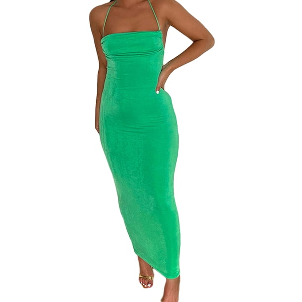 VISgogo Vestido ajustado con espalda abierta para mujer, falda cruzada sin mangas con cuello halter de color liso, verde/azul/rosa VISgogo moda