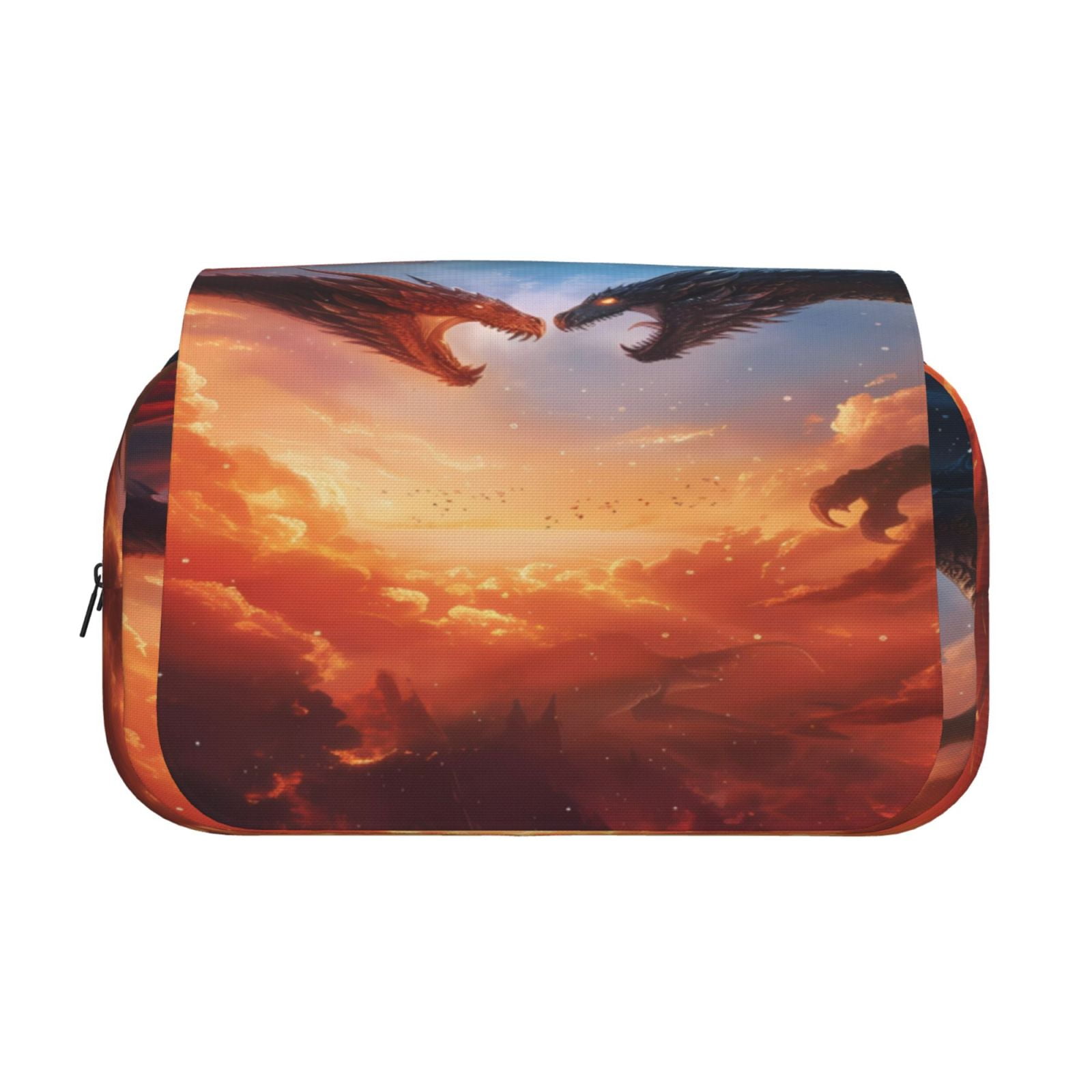 Rateoe Red And Blue Fire Cloud Dragon Pattern Double Clamshell Pen Case, Storage Organizer with Two Zipper Compartments– Holds Up to 50 Pencils & Pens