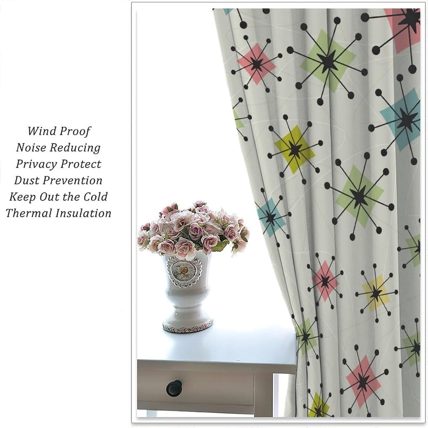 Mid Century Atomic Curtains, Vintage Atomic Stars Exploding Modern Geometric Boomerangs, Bedroom Living Room Blackout Noise Reduction Curtains52X84 Inch