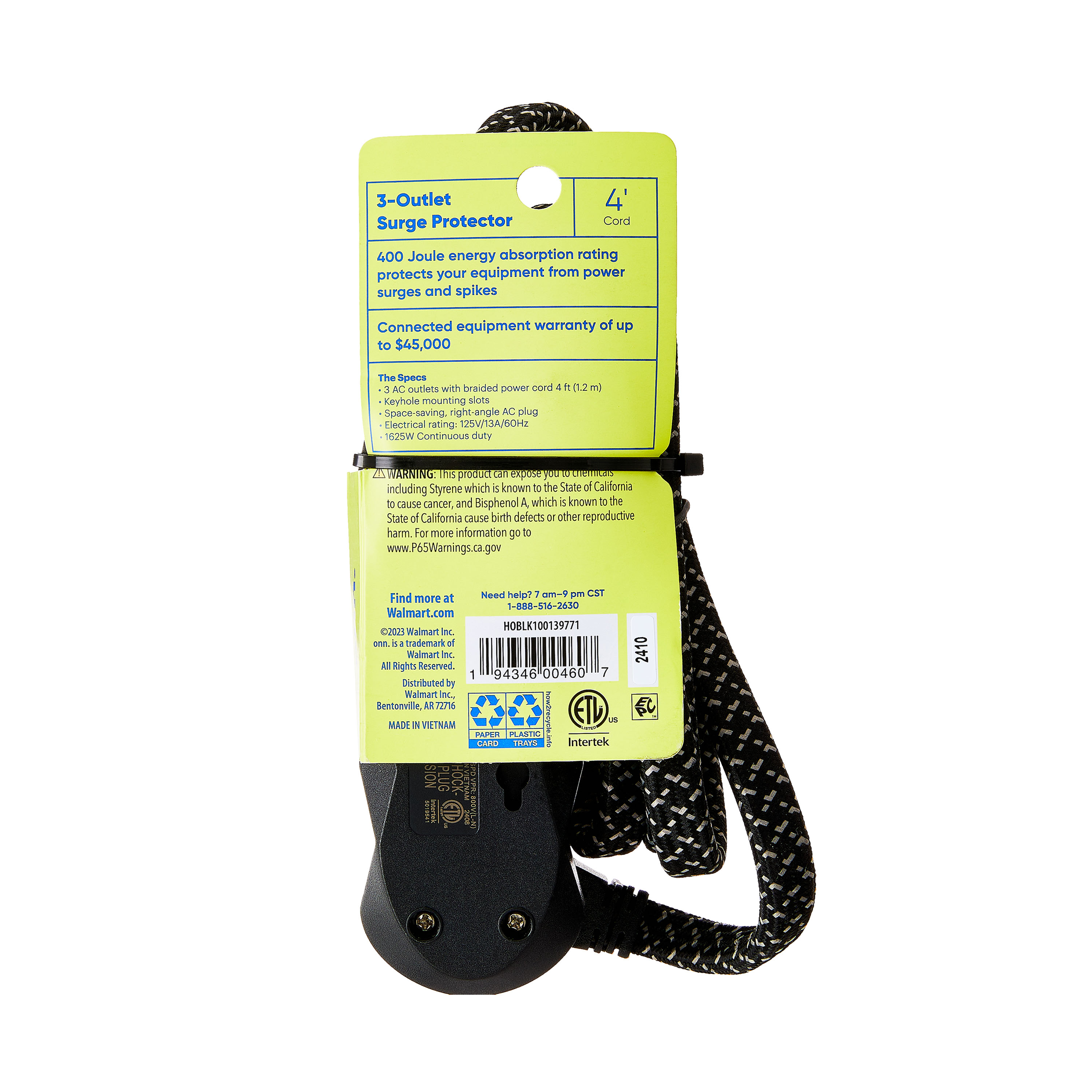 onn 3-Outlet Surge Protector with 4' Power Cord photo 6