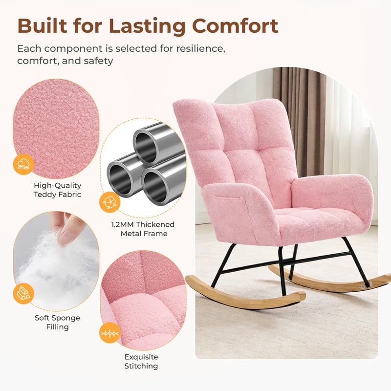 Gianna Rocking Chair with High Backrest, Teddy Upholstered Indoor Reading Glider Chair with Comfy Seat for Bedroom, Living Room, Pink