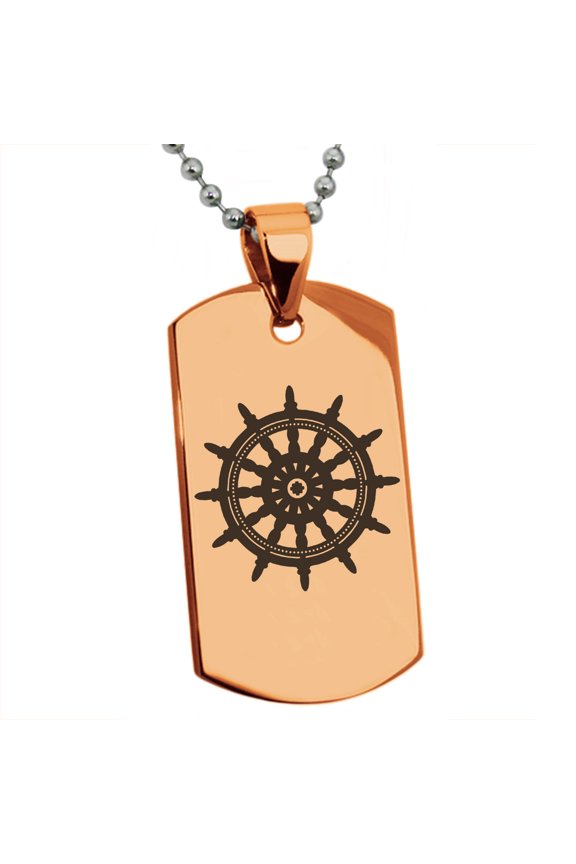 Stainless Steel Nautical Ship Helm Wheel Engraved Dog Tag Pendant Necklace