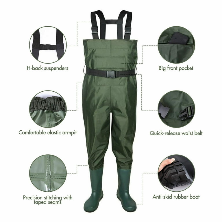 Wsyw Waterproof Chest Waders Nylon 2-Ply Rubber Bootfoot for Hunting Fishing Green US Size 9, adult Unisex, Size: US 9