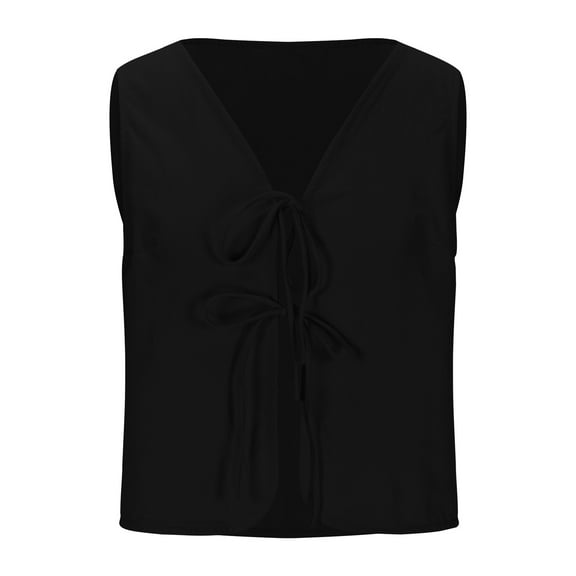 Wyobmus Womens Cotton Linen Tank Tops Summer Sleeveless Tie Front Tops Lightweight Linen Cardigan V Neck Outfits Black